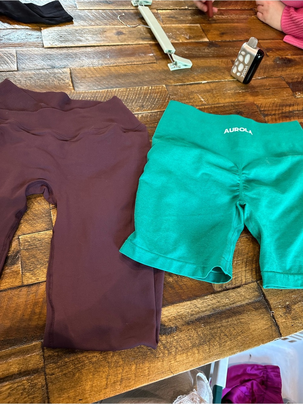 Amazon Women's Teal Scrunch-Back Bike Shorts and Plum Leggings